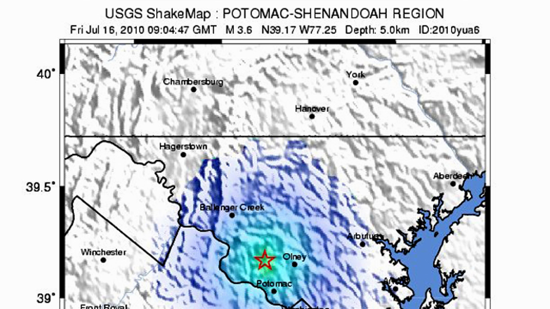 A "shakemap" from the USGS shows the magnitude 3.6 earthquake that rumbled D.C.