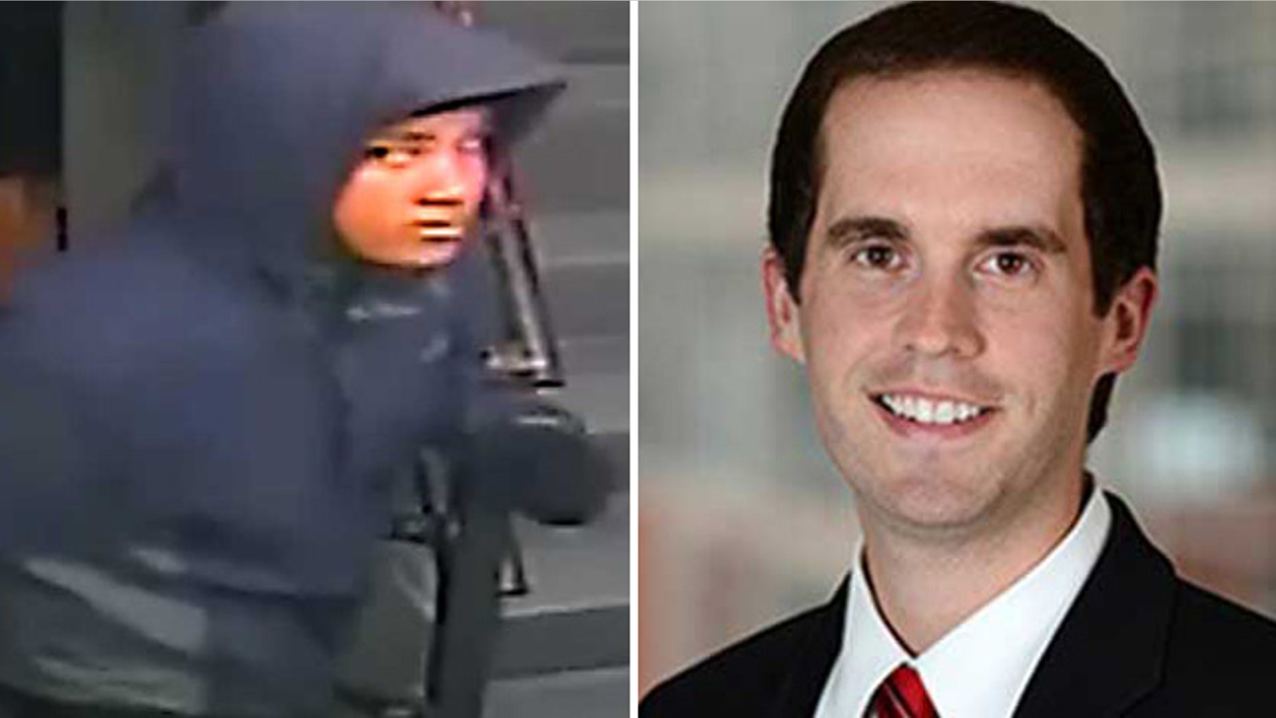 These photos show a person of interest, left, in the Feb. 9 stabbing death of attorney David Messerschmitt, right, at the Donovan Hotel in Washington, D.C. (Courtesy Metropolitan Police Department/MyFoxDC.com)