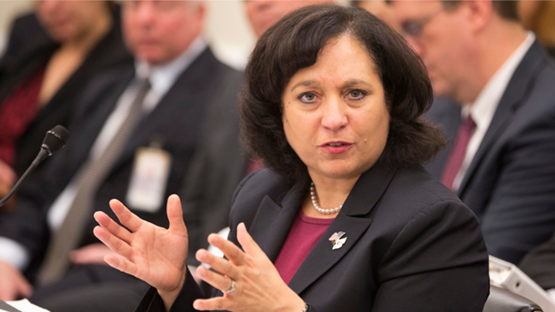 FILE - In this April 12, 2013 file photo, Drug Enforcement Administration (DEA) Administrator Michele Leonhart testifies on Capitol Hill in Washington. An Obama administration official says the head of the Drug Enforcement Administration is expected to resign soon. Leonhart is a career drug agent who has led the agency since 2007 and is the second woman to hold the job. (AP Photo/Manuel Balce Ceneta, File)