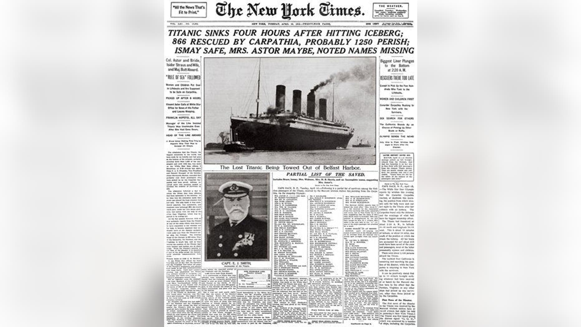 This image provided by the New York Times shows its April 16, 1912 front page coverage of the Titanic disaster.
