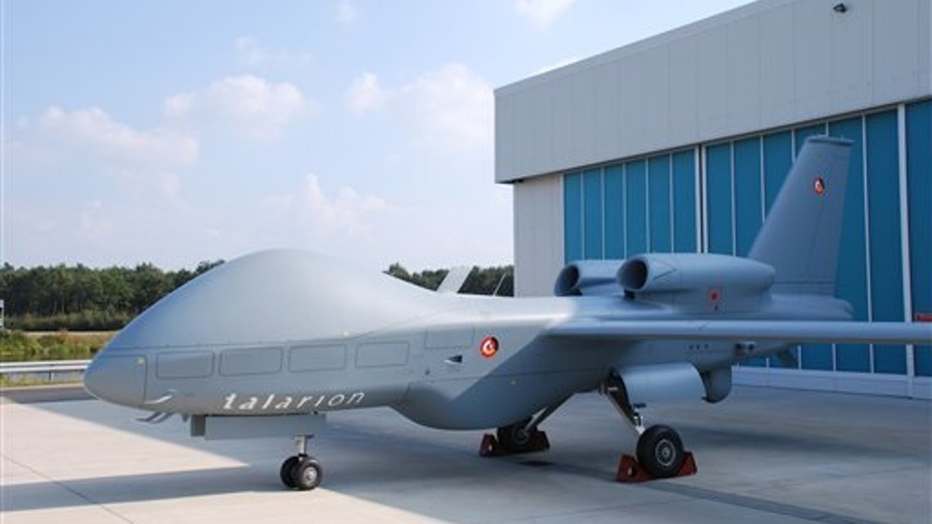 HANDOUT - An undated picture made available by eads on 18 May 2015 shows a Talarion drone manufactured by armaments manufacturer eads in front of a hangar. Photo by: picture-alliance/dpa/AP Images