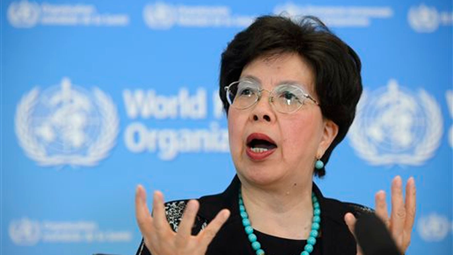 In this Friday, Sept. 12, 2014, file photo, Director-General of the World Health Organization (WHO) Dr. Margaret Chan speaks during a news conference about support to countries affected by the Ebola virus, at WHO headquarters in Geneva, Switzerland. (AP Photo/Keystone, Martial Trezzini, File)