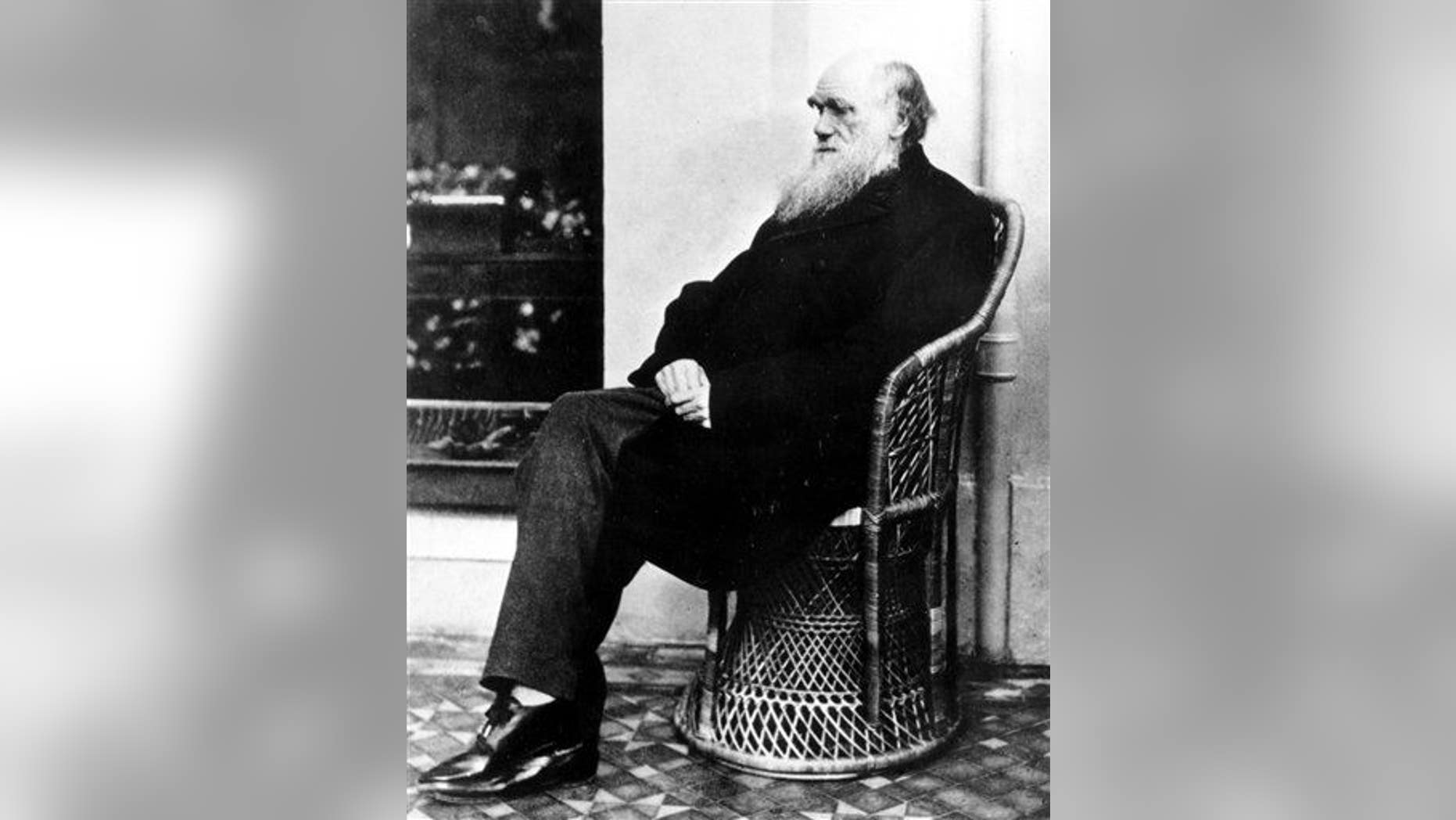 Charles Darwin poses in a wicker chair in 1875 at an unknown location.