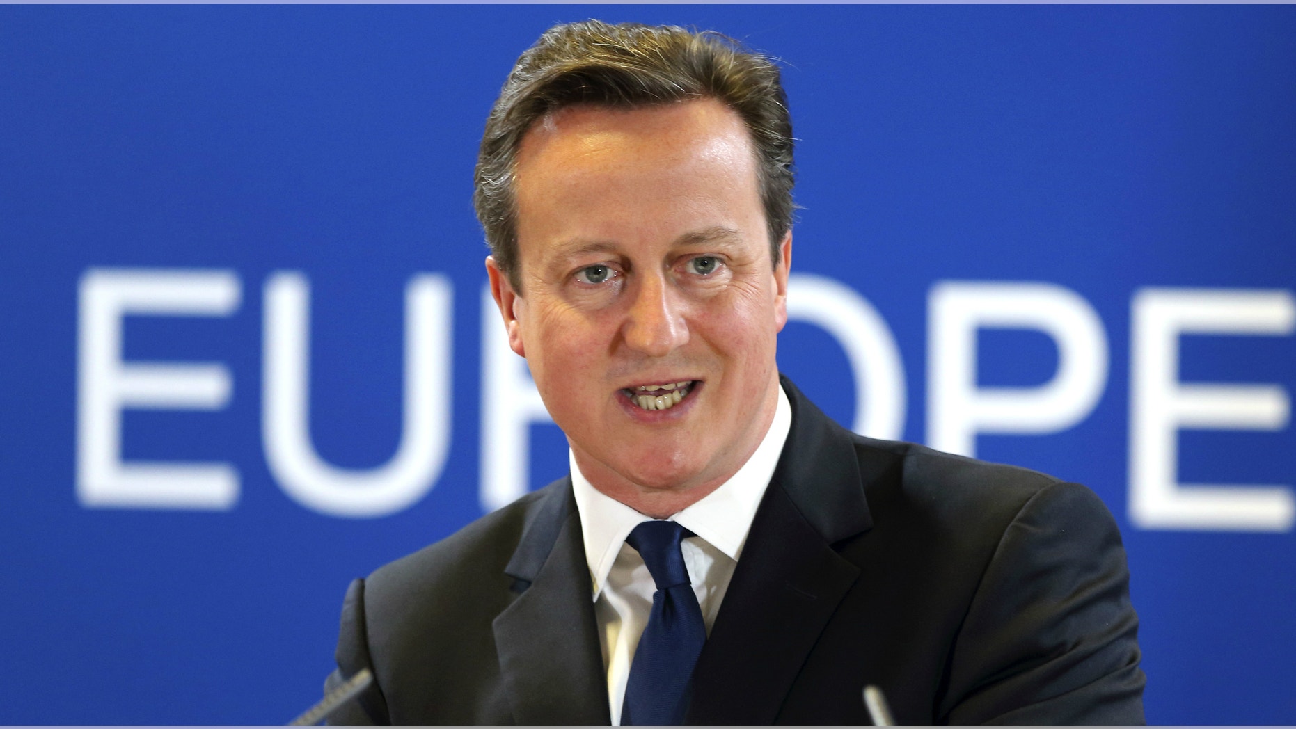 Britain's Prime Minister David Cameron holds a news conference during an European Union leaders summit in Brussels.