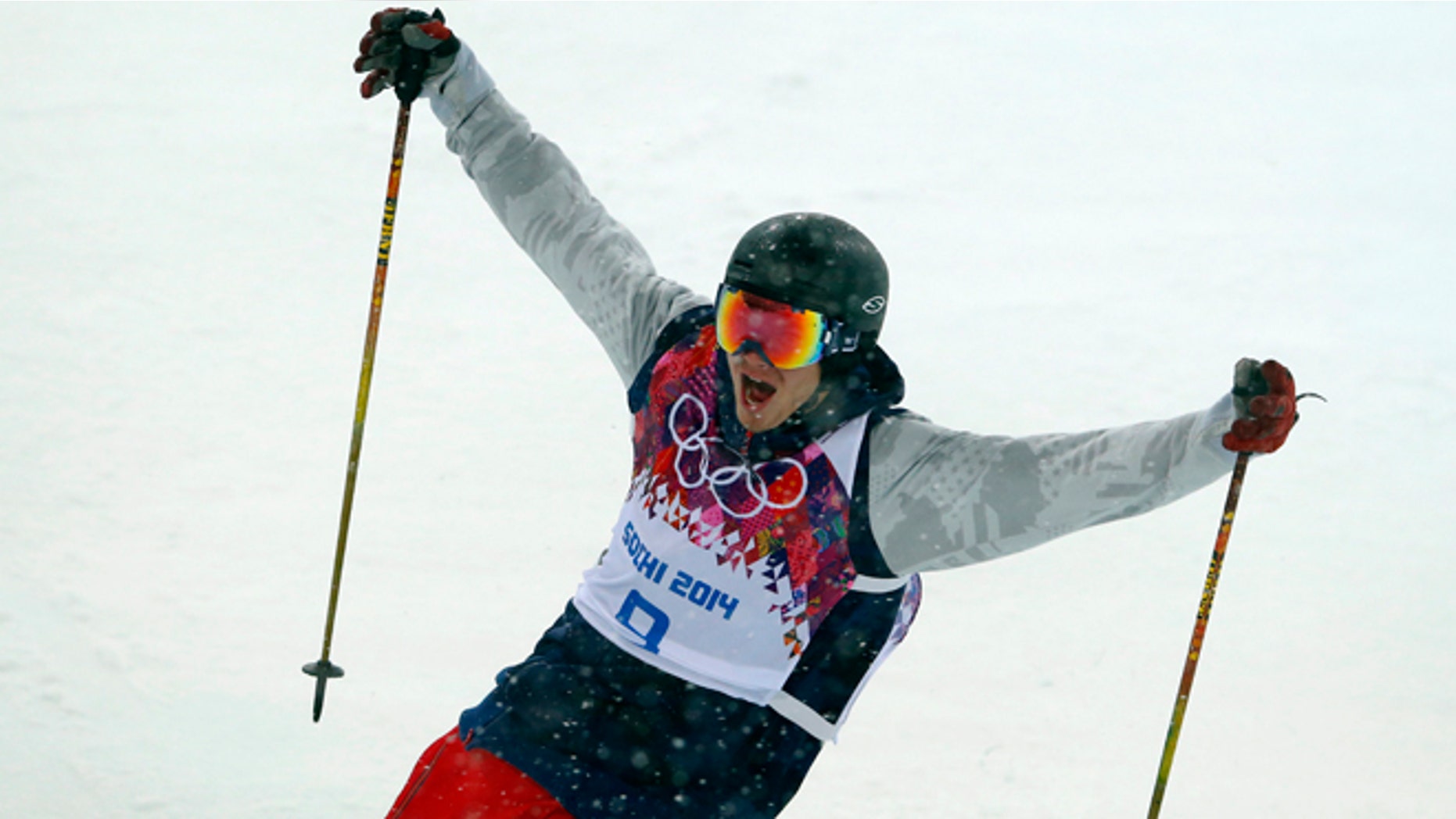 Feb. 18, 2014: David Wise of the United States reacts after a run during the men's ski halfpipe final at the Rosa Khutor Extreme Park, at the 2014 Winter Olympics.