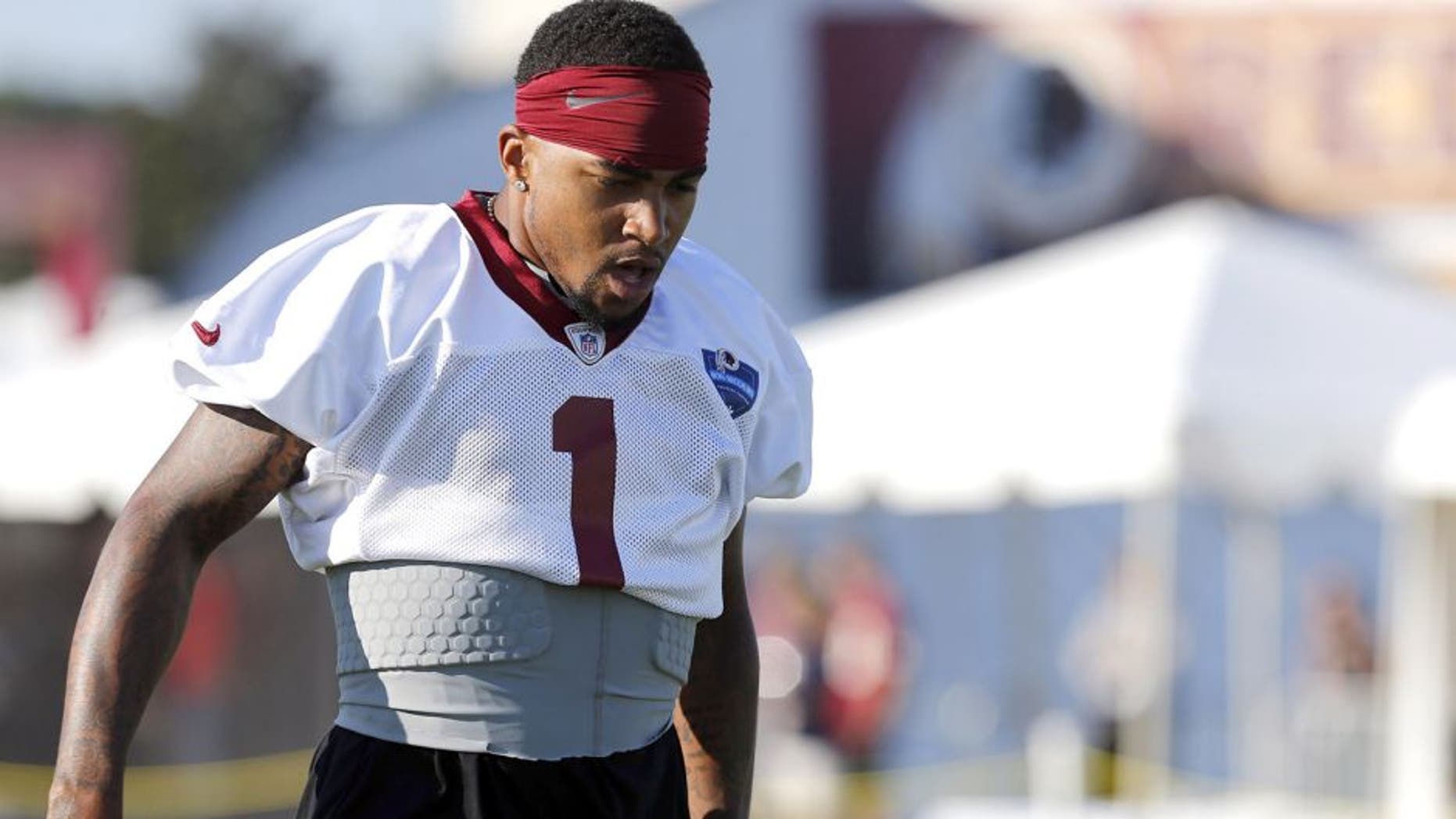 Jul 24, 2014; Richmond, VA, USA; Washington Redskins wide receiver DeSean Jackson (1) walks onto the field during practice on day two of training camp at Bon Secours Washington Redskins Training Center. Mandatory Credit: Geoff Burke-USA TODAY Sports