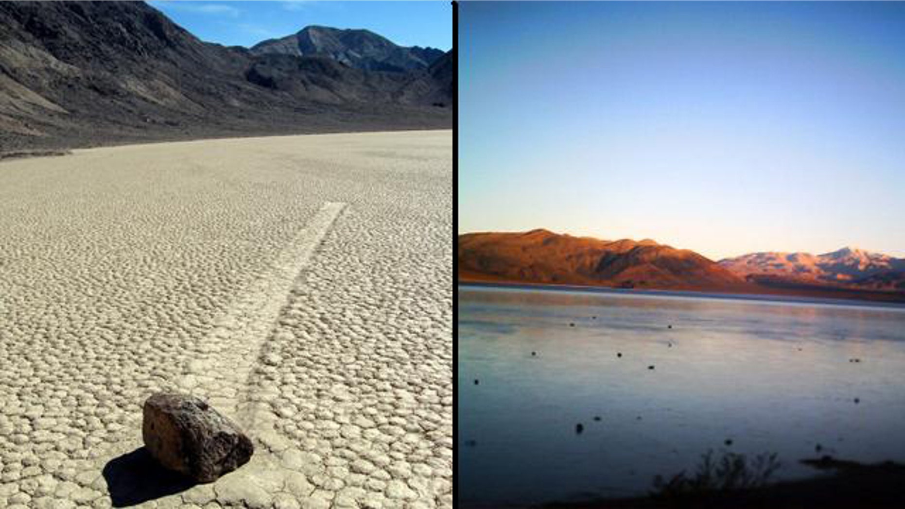 The track left from a "self-moving" rock (left), found in Racetrack Playa, a dry lakebed in Death Valley, Calif. (pictured at right).
