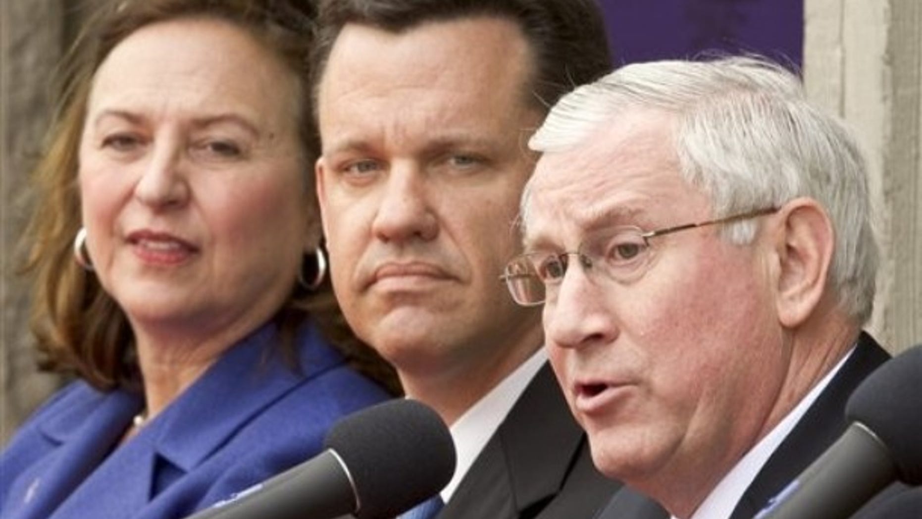 April 15, 2012: State Treasurer Don Stenberg, right, during a debate against state Attorney General Jon Bruning, center, and state Sen. Deb Fischer, left, in Omaha, Neb.
