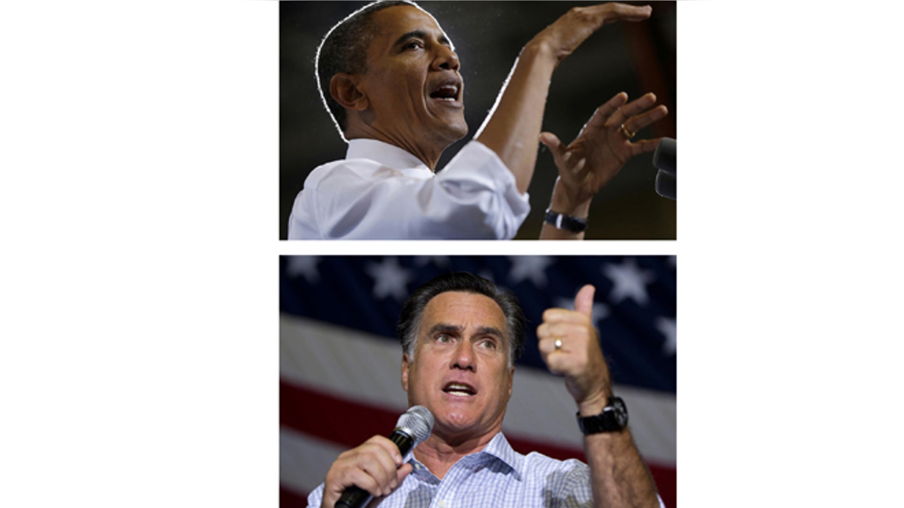 FILE - In these Sept. 26, 2012, file photo, President Barack Obama and Republican presidential candidate Mitt Romney campaign in the battleground state of Ohio. Fierce and determined competitors, Obama and Romney each have a specific mission for the string of three debates that starts Wednesday night, Oct. 3, 2012. Obama, no longer the fresh face of 2008, must convince skeptical Americans that he can do in a second term what he couldn't in his first: restore the U.S. economy to full health. Romney, anxious to keep the race from slipping away, needs to instill confidence that he is a credible and trusted alternative to the president, with a better plan for strengthening the fragile economy. (AP Photos)