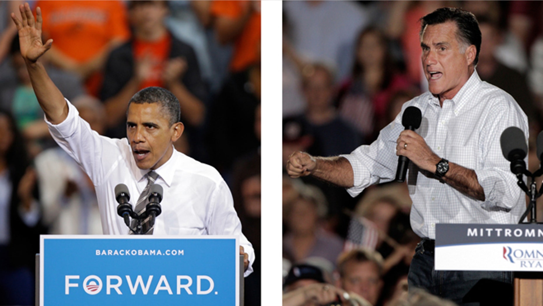 FILE - In these Sept. 26, 2012, file photo, President Barack Obama and Republican presidential candidate Mitt Romney both campaign in the battleground state of Ohio. Fierce and determined competitors, Obama and Romney each have a specific mission for the string of three debates that starts Wednesday night, Oct. 3, 2012. Obama, no longer the fresh face of 2008, must convince skeptical Americans that he can accomplish in a second term what he couldn't in his first: restore the U.S. economy to full health. Romney, anxious to keep the race from slipping away, needs to instill confidence that he is a credible and trusted alternative to the president, with a better plan for strengthening the fragile economy. (AP Photos)