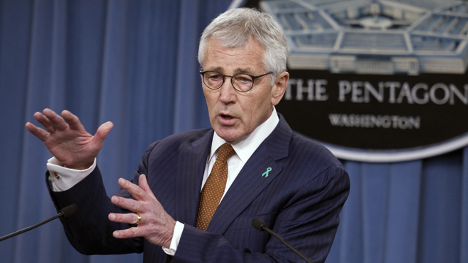 In this Thursday, Dec. 4, 2014 photo, Defense Secretary Chuck Hagel speaks at the Pentagon.