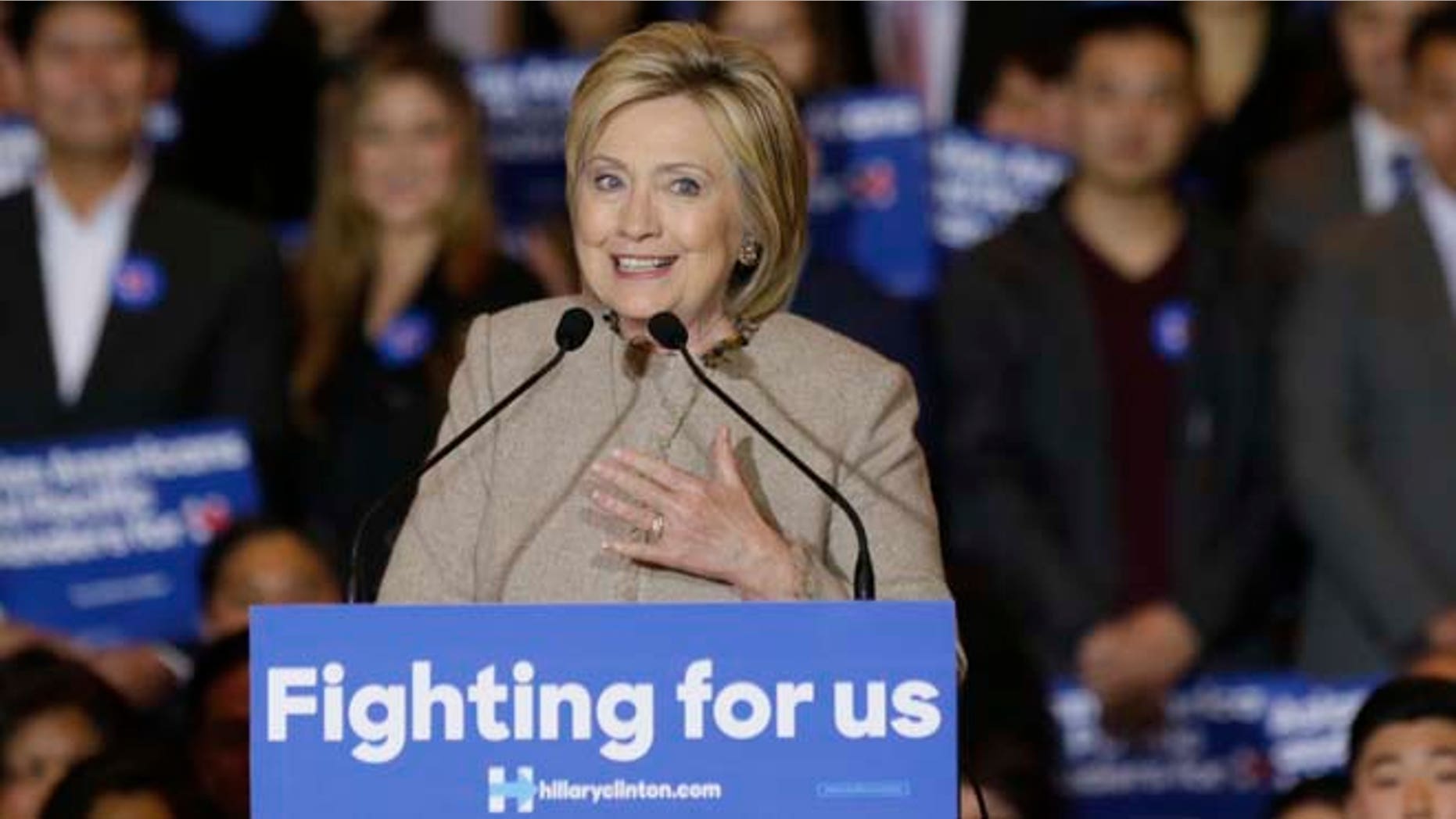 Democratic presidential hopeful former Secretary of State Hillary Clinton addresses Asian American and Pacific Islander supporters in San Gabriel, Calif., on Thursday, Jan. 7, 2016. Clinton traveled to Southern California to rally voters of Asian American and Pacific Islander descent, looking to tap into the nation's fastest growing racial minority. (AP Photo/Damian Dovarganes)