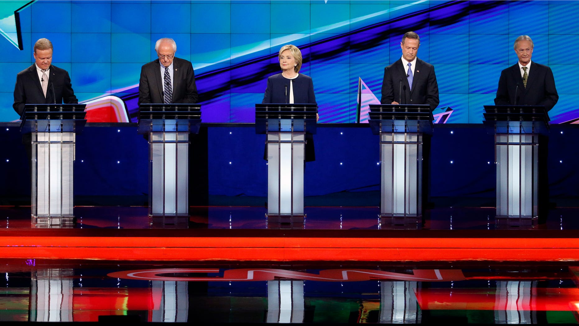 Democratic presidential candidates take the stage before the CNN debate Tuesday, Oct. 13, 2015, in Las Vegas.