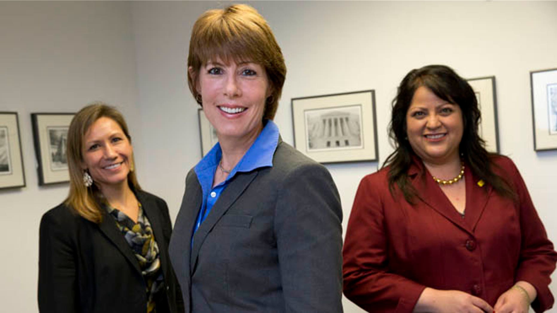 FILE: April 30, 2014: Democratic House candidates Amanda Renteria, Calif., Gwen Graham, Fla., Roxanne Lara, N.M., in Washington, D.C.