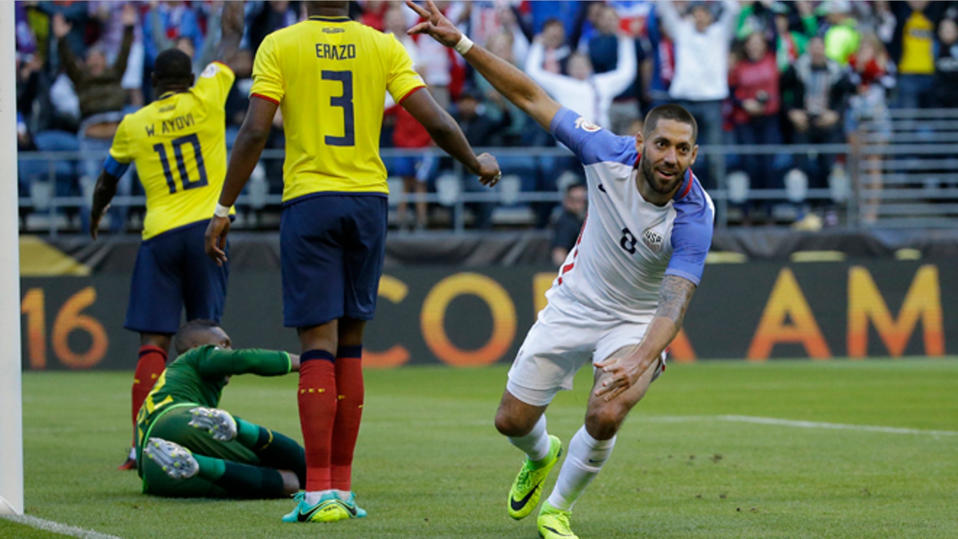 United States' Clint Dempsey , right, celebrates after his teammate Gyasi Zardes scoried against Ecuador during a Copa America Centenario quarterfinal soccer match, Thursday, June 16, 2016 at CenturyLink Field in Seattle. (AP Photo/Ted S. Warren)