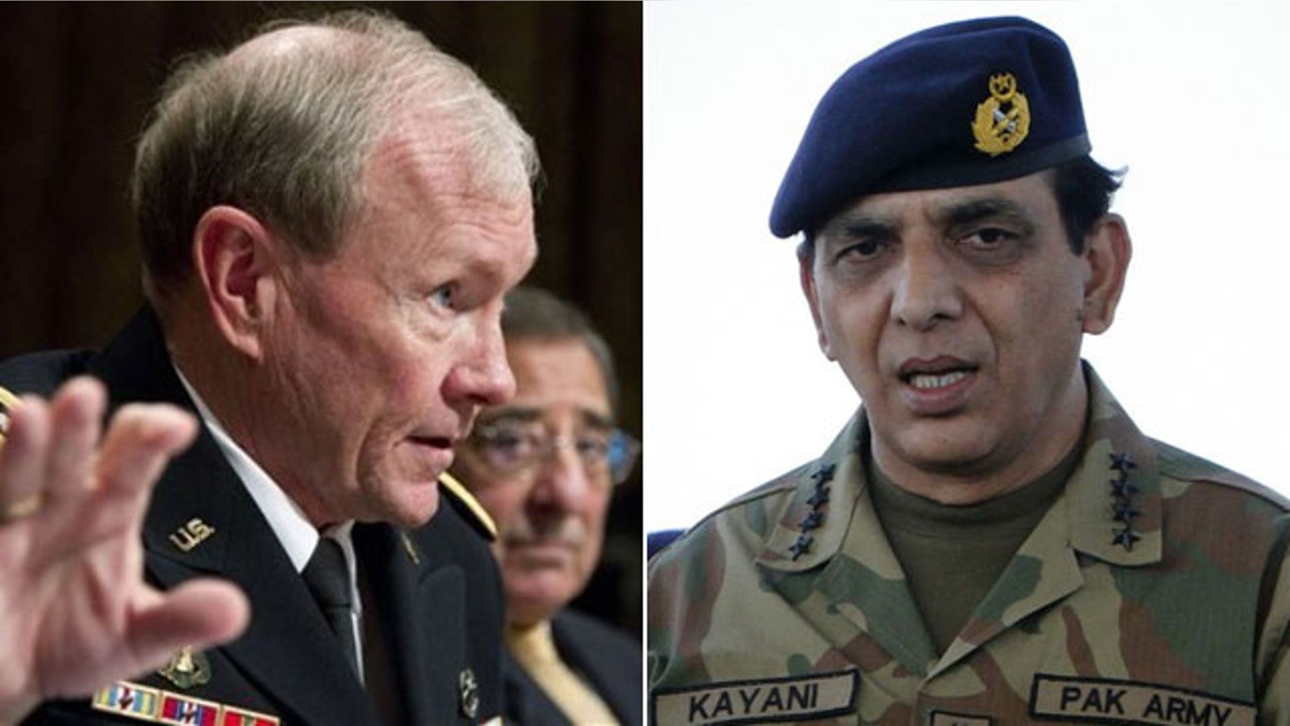 Seen are chairman of US Joint Chiefs of Staff Martin Dempsey (L) and Pakistan army chief Ashfaq Parvez Kayani (R)