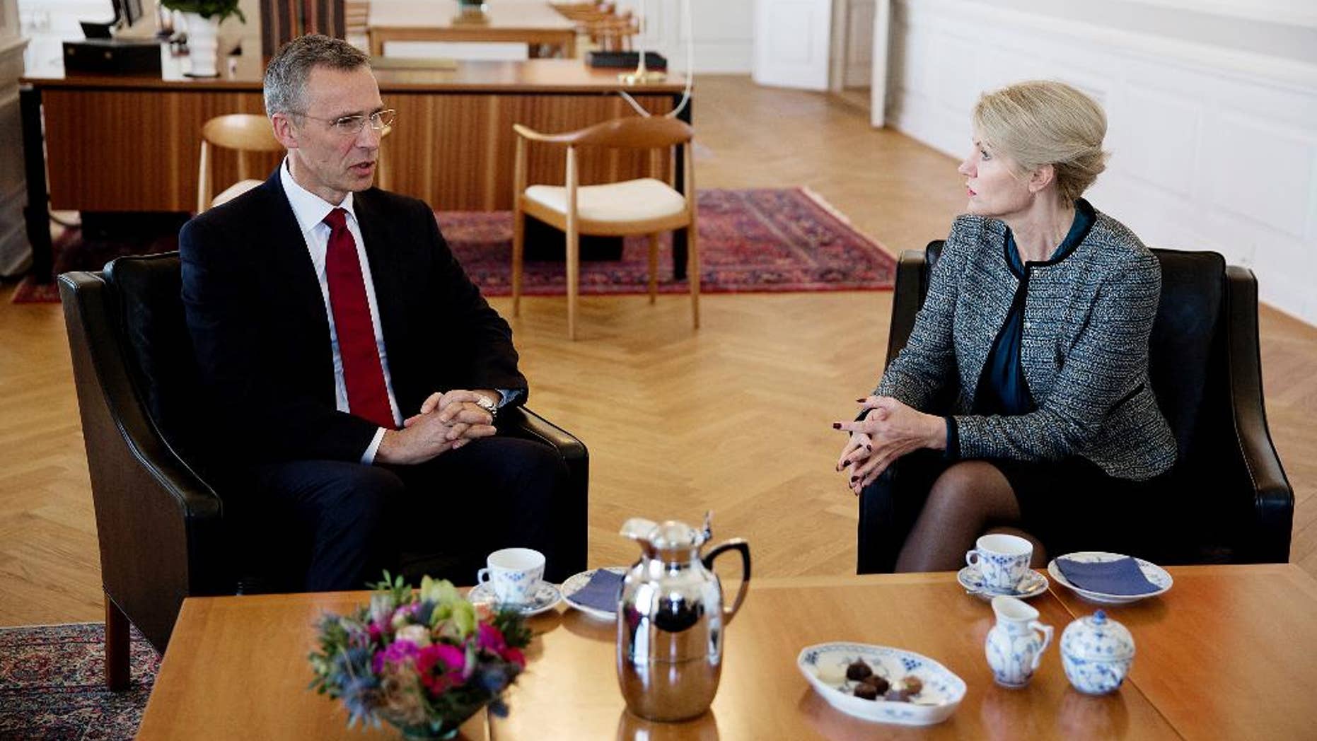 Secretary General of NATO, Jens Stoltenberg, meets with Denmark Prime Minister of Helle Thorning-Schmidt, right, at the Prime Minister's Office in Copenhagen on Monday April 20, 2015. (Thomas Borberg/Polfoto via AP) DENMARK OUT