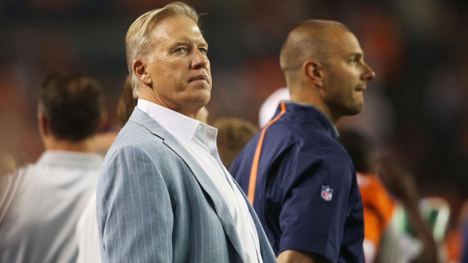 Aug 29, 2015; Denver, CO, USA; Denver Broncos general manager John Elway during the second half against the San Francisco 49ers at Sports Authority Field at Mile High. The Broncos won 19-12. Mandatory Credit: Chris Humphreys-USA TODAY Sports