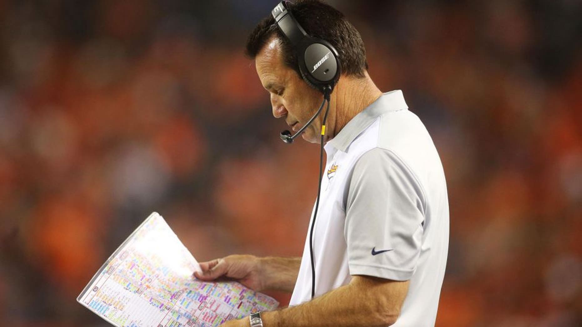 Aug 29, 2015; Denver, CO, USA; Denver Broncos head coach Gary Kubiak during the second half against the San Francisco 49ers at Sports Authority Field at Mile High. The Broncos won 19-12. Mandatory Credit: Chris Humphreys-USA TODAY Sports