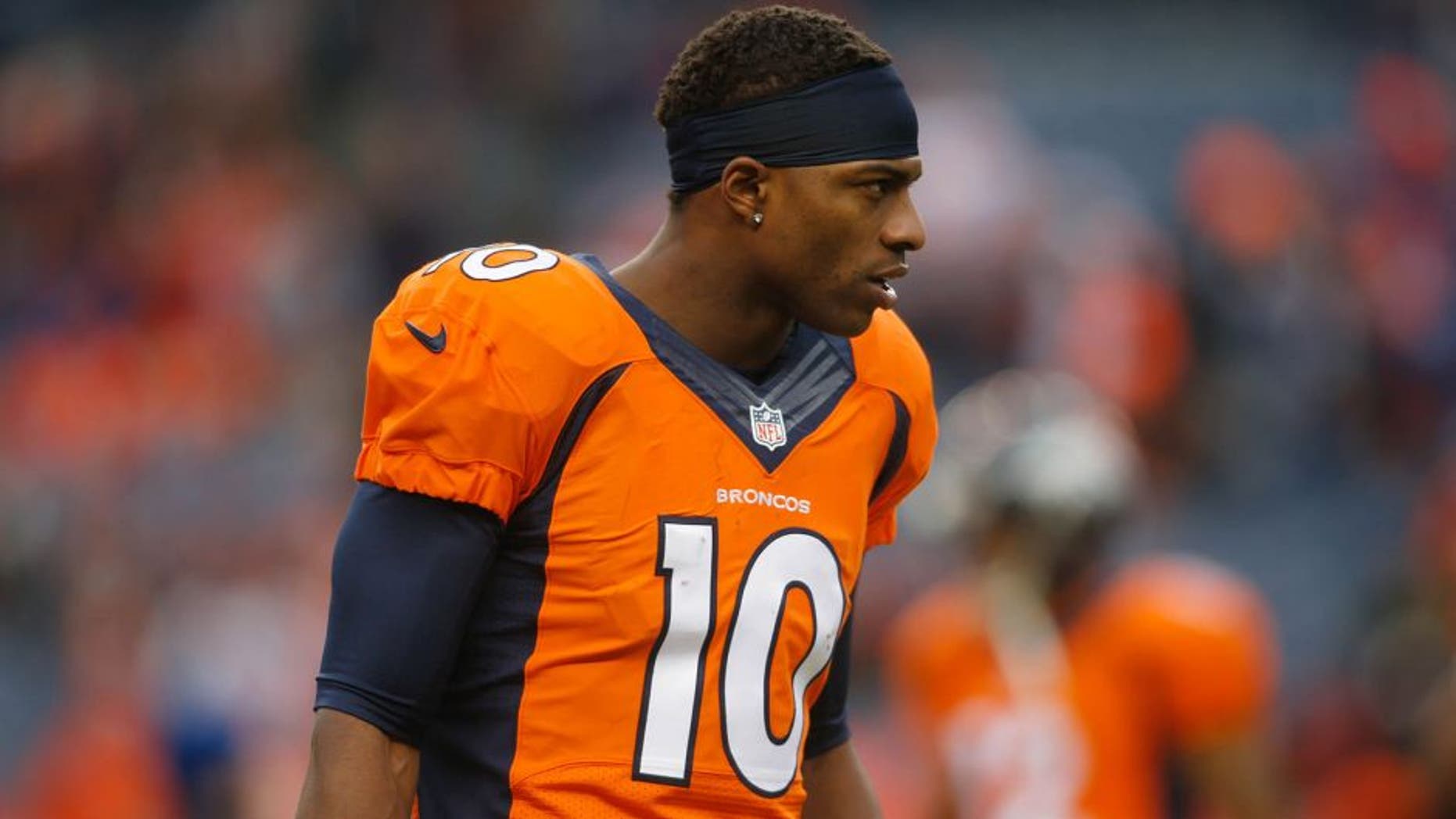 Jan 11, 2015; Denver, CO, USA; Denver Broncos wide receiver Emmanuel Sanders (10) in the 2014 AFC Divisional playoff football game against the Indianapolis Colts at Sports Authority Field at Mile High. Mandatory Credit: Chris Humphreys-USA TODAY Sports
