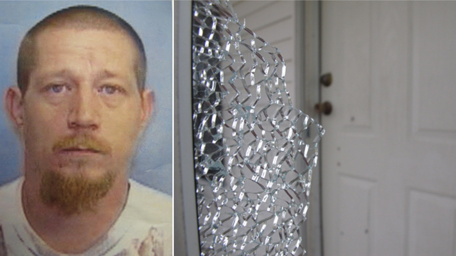 July 30, 2014: The undated photo at left shows Andrew Michaelis of Fayetteville, N.C. Police say Michaelis killed his father-in-law and a 10-year-old boy, before wounding at least three officers. At right, a shattered storm window stands near a bullet-riddled door at a home. (AP Photo/Cumberland County Sheriff's Office/Allen G. Breed)