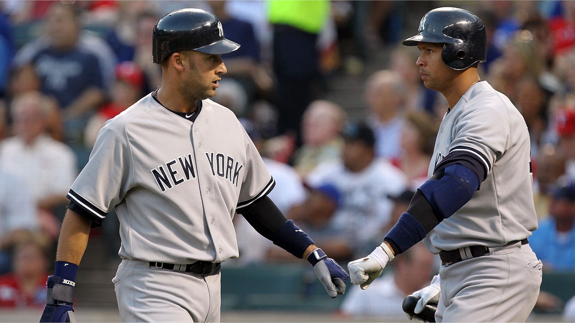 Jeter and Rodriguez in Arlington on May 7, 2011 in Arlington, Texas.