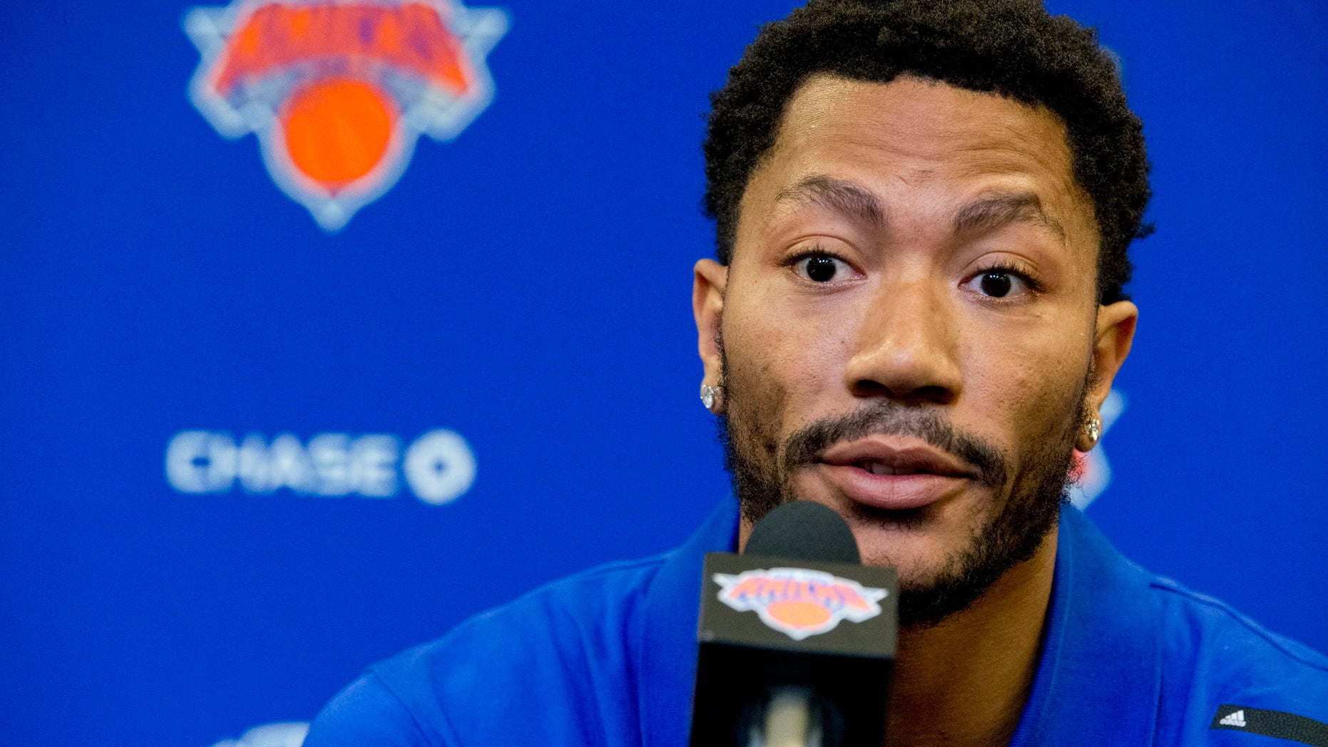 Derrick Rose speaks during a news conference on June 24, 2016.
