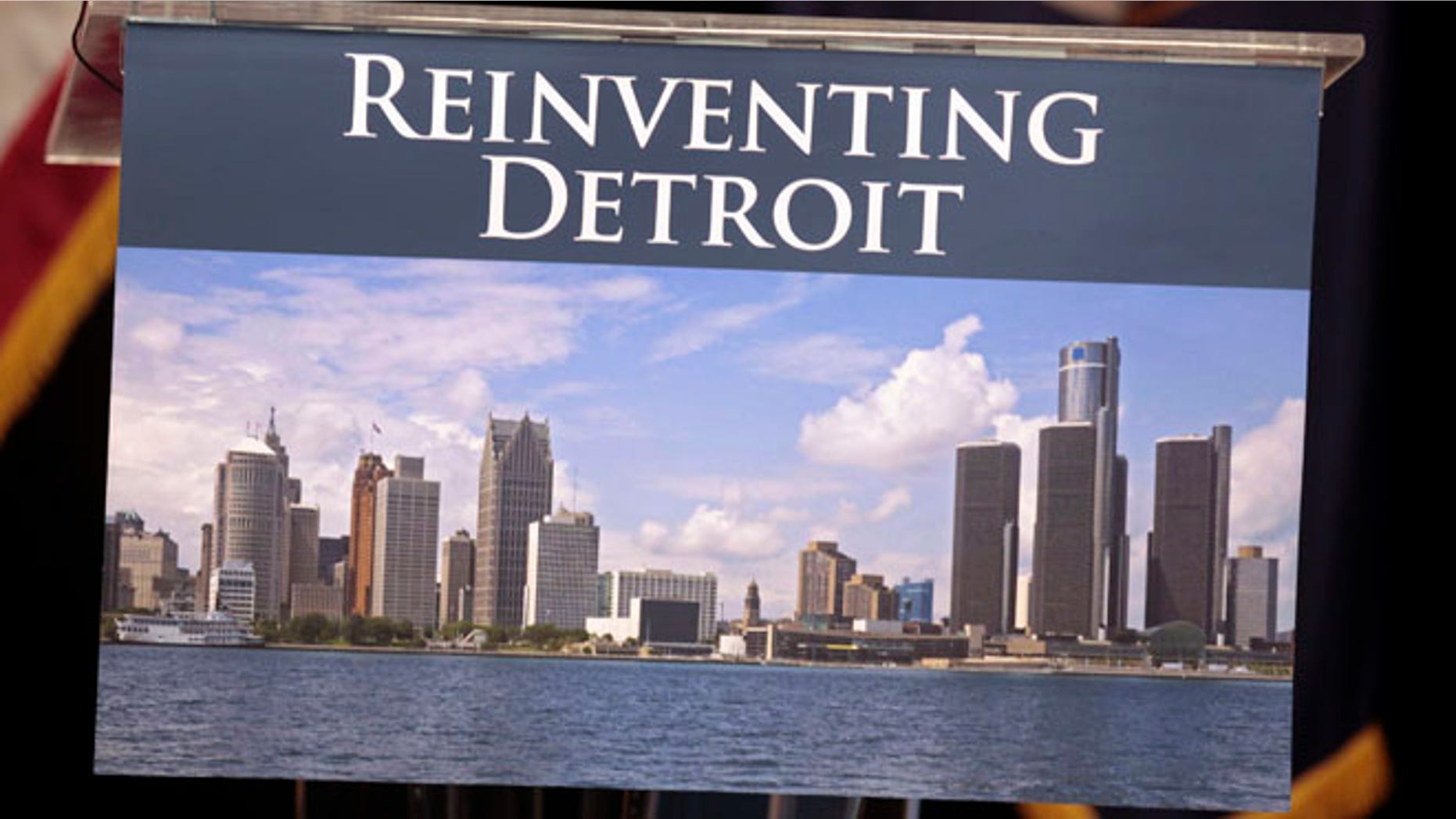 Image of the Detroit skyline on the podium where Detroit Emergency Manager Kevyn Orr and Michigan Governor Rick Snyder will address the media in Detroit, Michigan July 19, 2013.