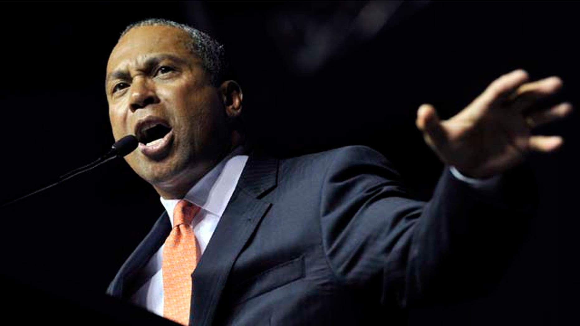 Gov. Deval Patrick addresses members of the state Democratic Convention, Saturday, June 4, 2011, at the Tsongas Arena in Lowell, Mass. The delegates were also addressed by the six hopefuls seeking the U.S. Senate seat currently held by Scott Brown. (AP Photo/Josh Reynolds)