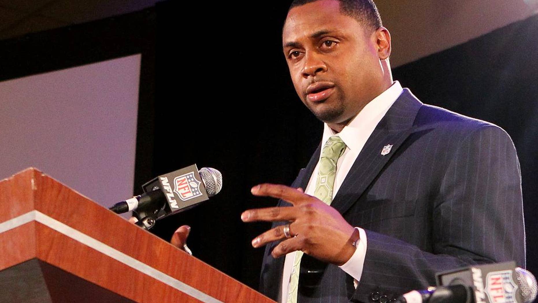 ADVANCE FOR WEEKEND EDITIONS, JUNE 7-8 - FILE - In this Jan. 31, 2013 file photo, former NFL football player Troy Vincent speaks during a news conference in New Orleans. When Vincent, recently made the NFL's head of football operations, mentioned in April the NFL's interest in establishing a developmental league, he couldn't have imagined the response it would get. (AP Photo/Doug Benc, File)