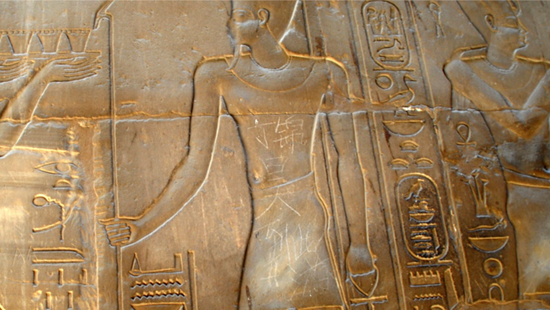 May 6, 2013: In this photo, the Chinese words "Ding Jinhao visited here" is seen on bas-relief in the 3,500-year-old Luxor temple in Luxor, Egypt.