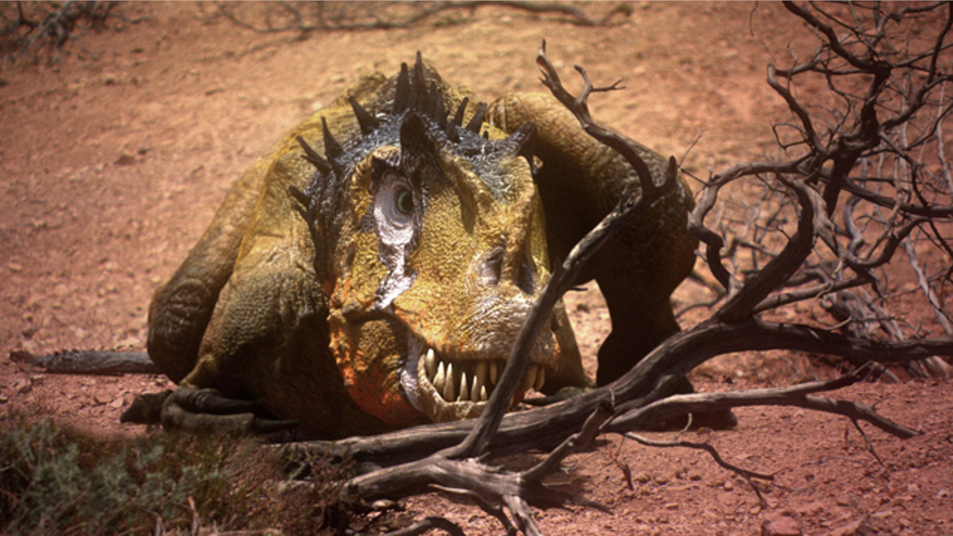Computer-generated image of dinosaurs.