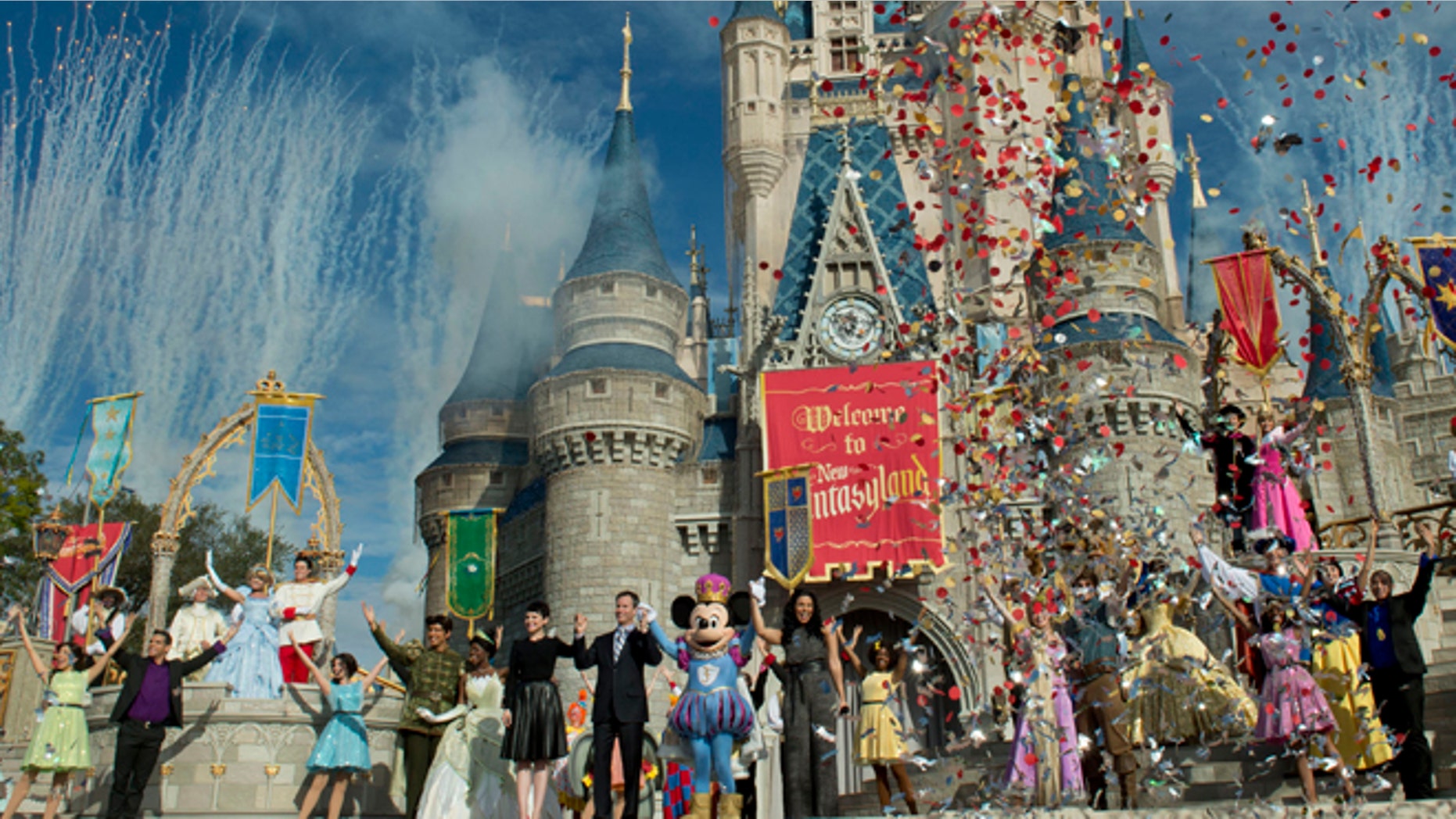 LAKE BUENA VISTA, FL - DECEMBER 06: In this handout image provided by Disney Parks, fireworks and confetti fly at Cinderella Castle during the Grand Opening of New Fantasyland at Walt Disney World Resort December 6, 2012 in Lake Buena Vista, Florida. Actress Ginnifer Goodwin, Disney Parks and Resorts Chairman Tom Staggs, singer Jordin Sparks and Mickey Mouse joined dozens of Disney characters on Cinderella Castle stage to celebrate the opening. New Fantasyland is a new area in the Magic Kingdom and is the largest expansion in the 41-year history of the theme park. (Photo by Kent Phillips/Disney Parks via Getty Images)