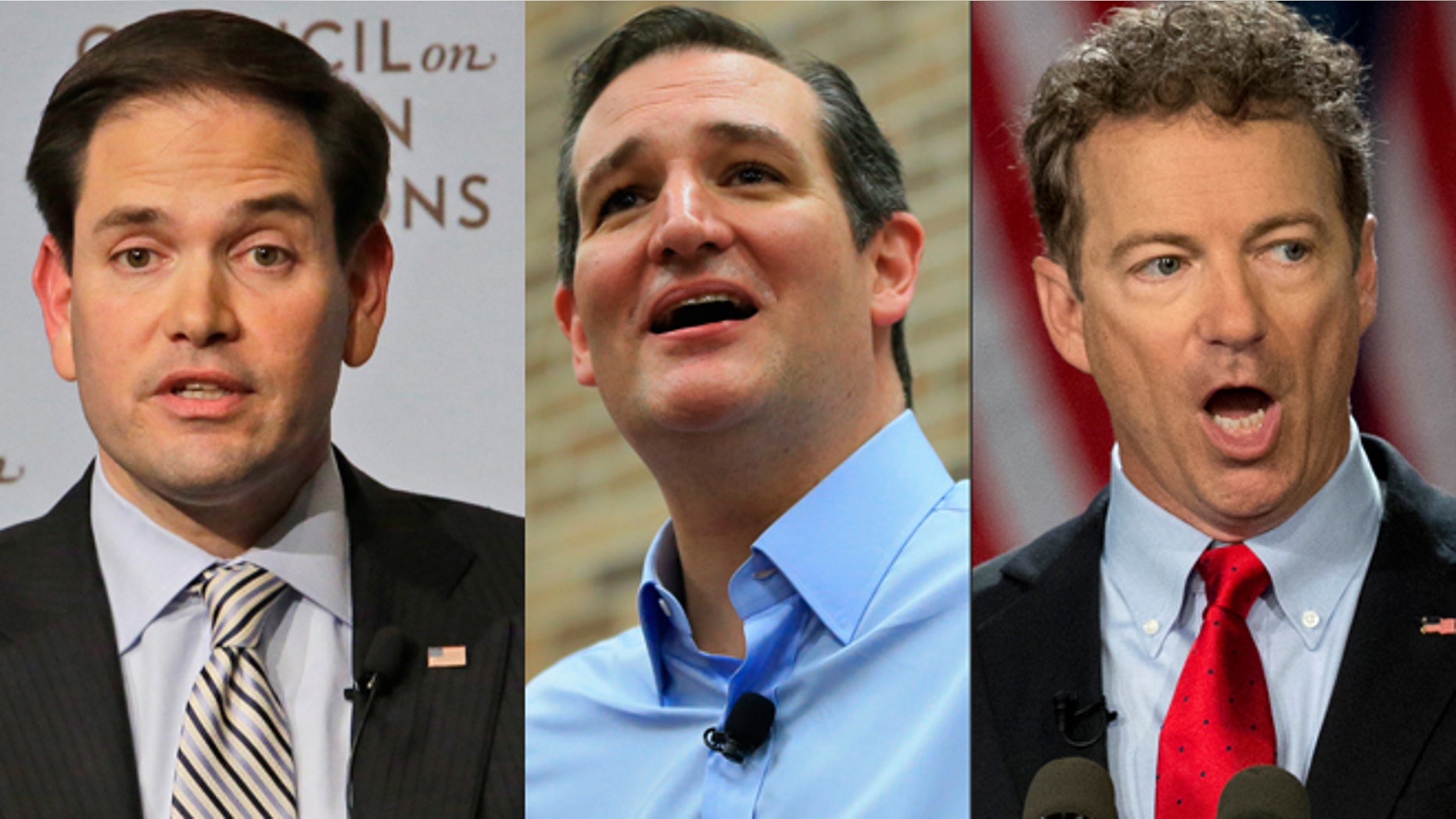 This photo combination shows, from left, Republic presidential candidates Sen. Marco Rubio, Sen. Ted Cruz, of Texas, and Sen. Rand Paul, of Kentucky. (AP Photo/Mary Altaffer/Nati Harnik/Carloyn Kaster)