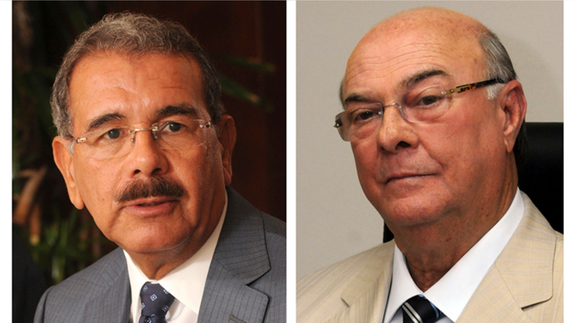 In this combo of two photographs, Danilo Medina, left, is a presidential candidate of the ruling Dominican Liberation Party. Hipolito Mejia, right, is a former president and candidate of the opposition Dominican Revolutionary Party. (AP Photo/Manuel Diaz)