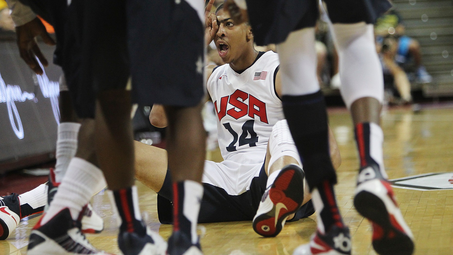 July 12, 2012: Anthony Davis (14) of the USA Basketball Men's National Team celebrates after hitting a three pointer and getting fouled against the Dominican Republic at the Thomas and Mack Center in Las Vegas.