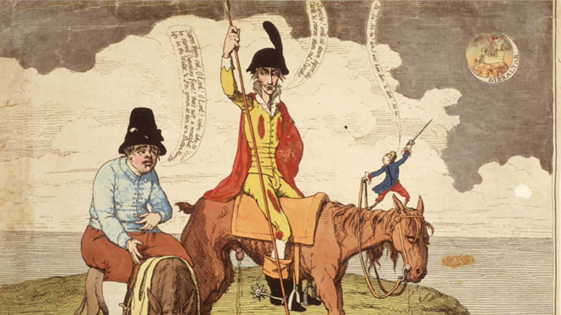 circa 1782: 'The Castle in the Moon - a new adventure, not mentioned by Cervantes'. Fictional Spanish knight Don Quixote and his companion Sancho Panza besiege the 'castle in the moon' of Gibraltar, occupied by the British. 'Sancho! We'll sit down before the castle, & starve them out, Sancho.' proposes the hero, to which Panza replies 'Starve them out, o Lord! O Lord! We're like to be starv'd ourselves first! There's not a mouthful left in the wallet, & I'm grown as thin as a Shotten herring.' Meanwhile a French monkey stands on the neck of the horse, making bold gestures with his sword. (Photo by Hulton Archive/Getty Images)