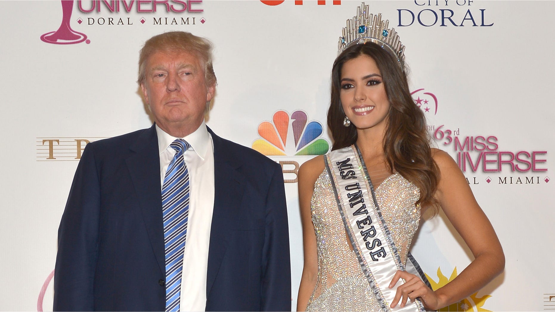 DORAL, FL - JANUARY 25: Donald Trump and Miss Universe Paulina Vega attend The 63rd Annual Miss Universe Pageant winner press conference at Trump National Doral on January 25, 2015 in Doral, Florida. (Photo by Rodrigo Varela/Getty Images)