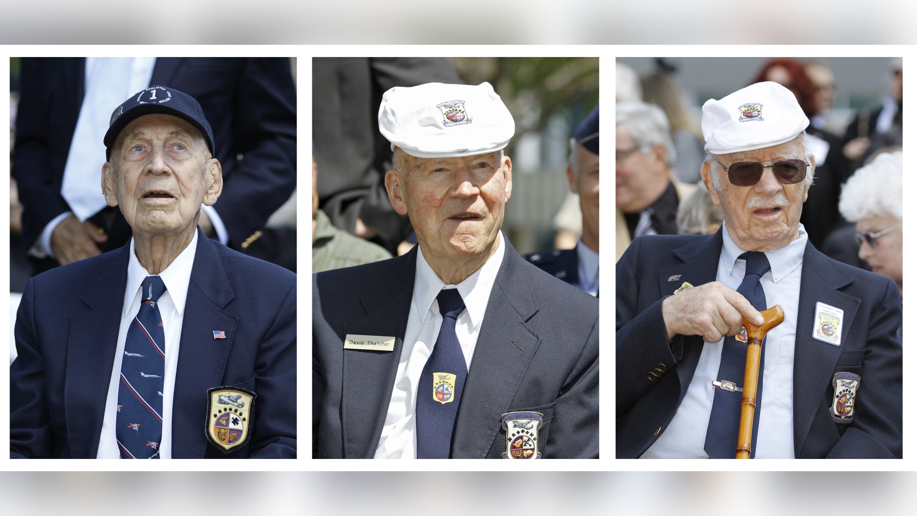 In these April 18, 2012 file photos, surviving Doolittle Raiders Richard Cole, left, David Thatcher, center, and Edward Saylor take part in a commemoration for the 70th anniversary of the raid on Tokyo at the Museum of the United States Air Force in Dayton, Ohio.