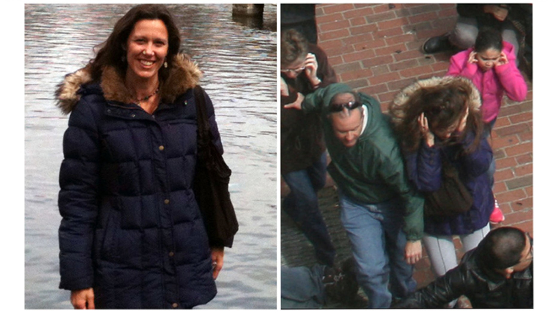 This combination photos shows, left, Amy Berti, in a photo taken by her husband, Joe Bertie in Boston, on Sunday, April 14, 2013, and right, an Associated Press file photo that shows Amy Berti, center, in the same coat, running from the first explosion at the finish line of the Boston Marathon on Monday, April 15, 2013.