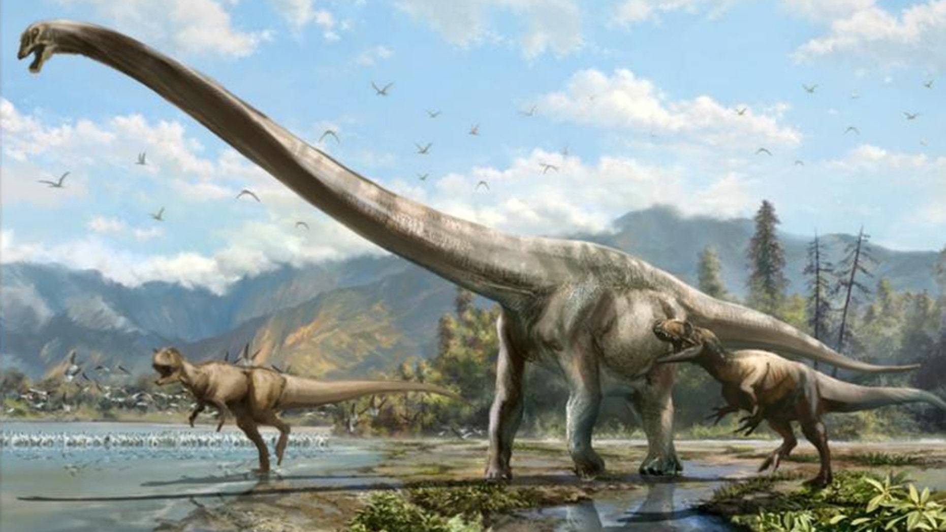 Artist's conception of Qijianglong, chased by two carnivorous dinosaurs in southern China 160 million years ago.