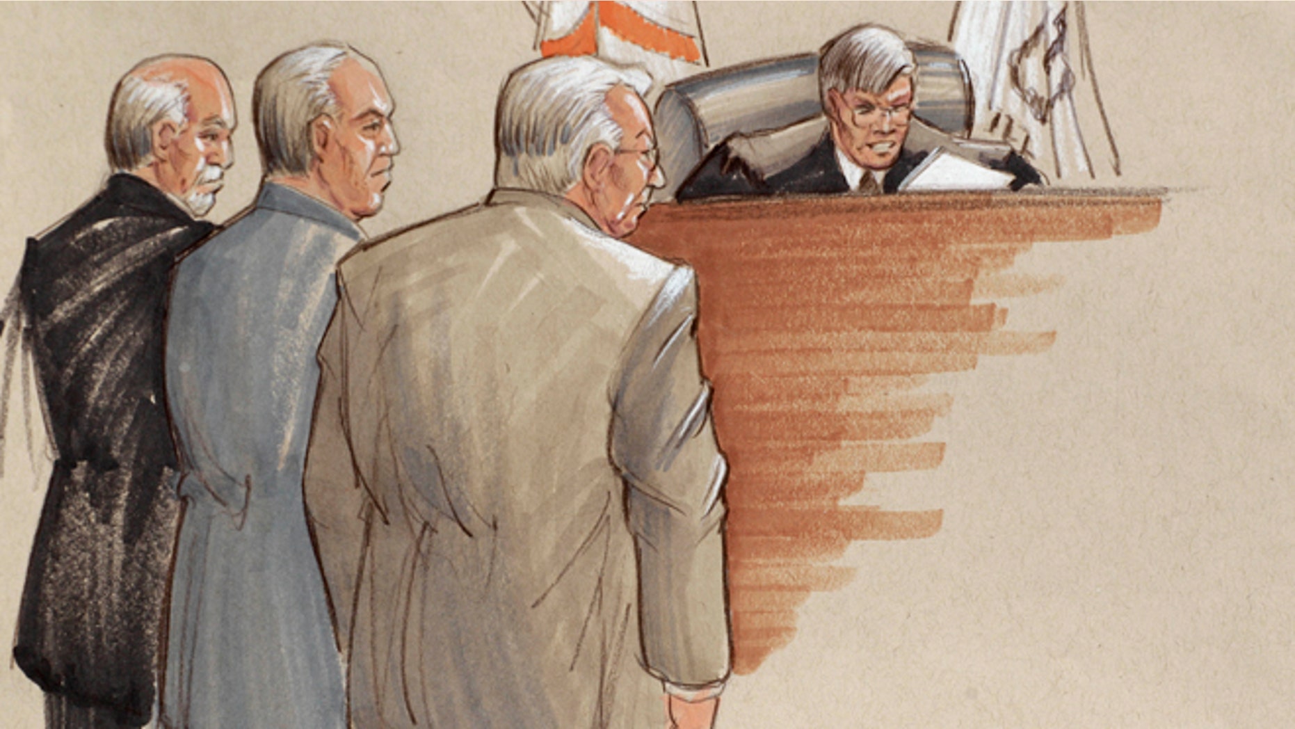 In this courtroom sketch, defense lawyers, Joel Brodsky, left, Steven Greenberg, and defendant Drew Peterson, right, stand before Presiding Judge Edward Burmila as he reads the verdict.