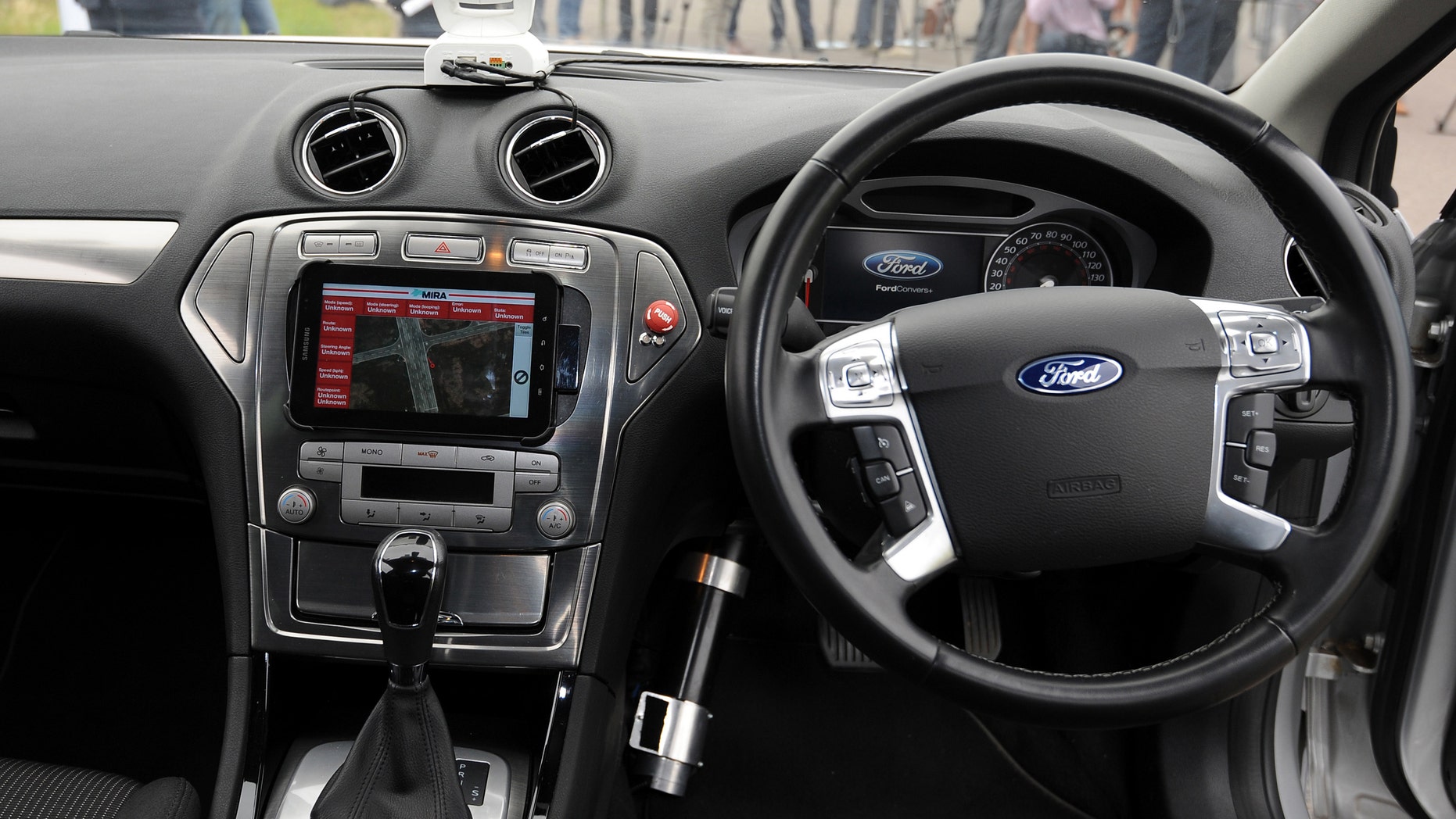 The interior of a driverless car during testing at the headquarters of motor industry research organization MIRA at Nuneaton in the West Midlands, England.