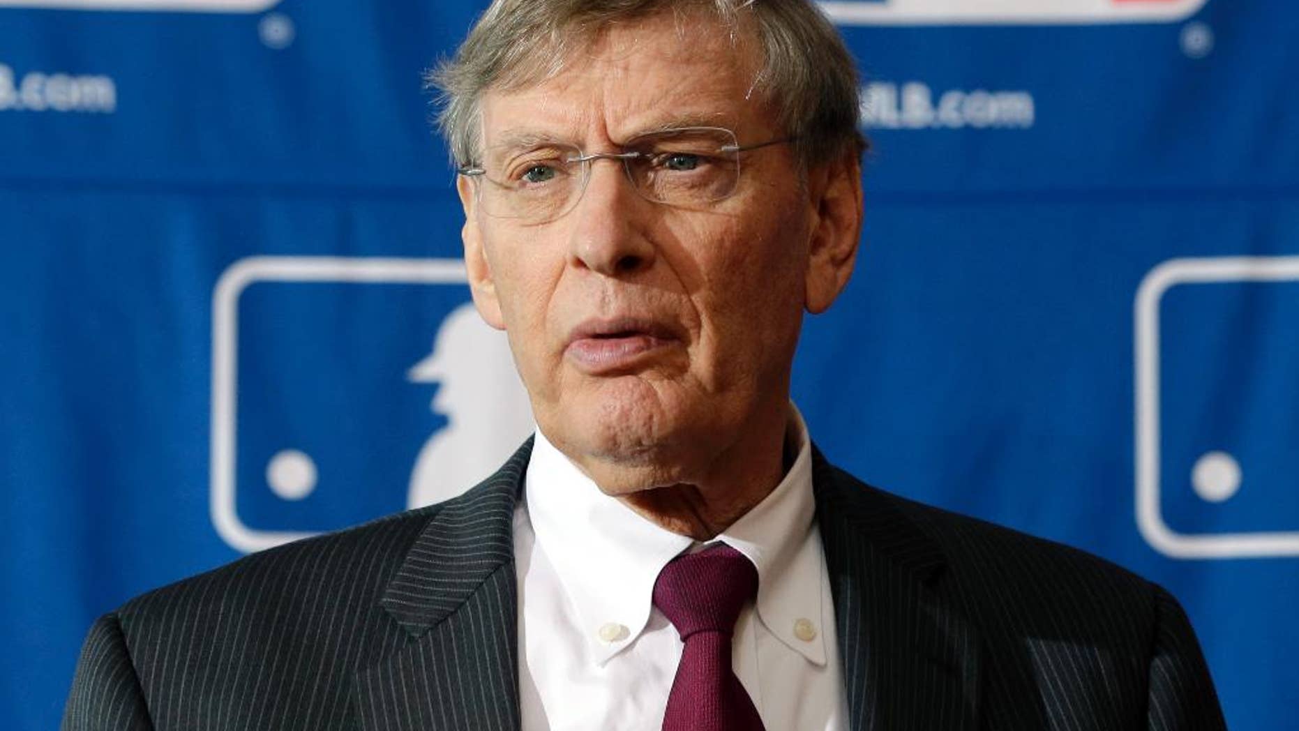 FILE - In this Aug. 15, 2013, file photo, Baseball Commissioner Bud Selig speaks during a news conference in Cooperstown, N.Y. People familiar with the negotiations tell The Associated Press that baseball players and management hope to reach a new drug agreement this week that would increase initial penalties for muscle-building steroids and decrease suspensions for some positive tests caused by unintentional use. (AP Photo/Mike Groll, File)