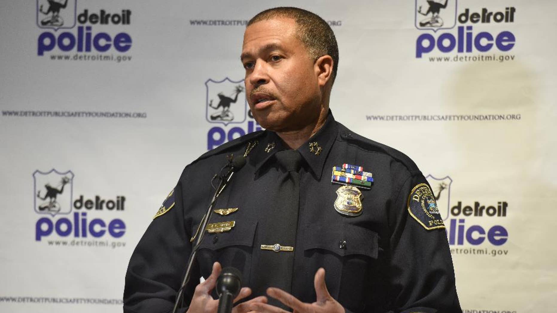 Detroit Police Chief James Craig talks at a press conference at Detroit Police Headquarters in Detroit, Mich., Thursday, April 9, 2015, on the two suspended members of the Detroit Police Department, Lt. David “Hater” Hansberry and Officer Bryan “Bullet” Watson, who were indicted Wednesday and accused of robbing and extorting people. The allegations undermine the public’s trust, Craig said, in a city that is emerging from a years-long public corruption investigation. (AP Photo/Detroit News, Daniel Mears)