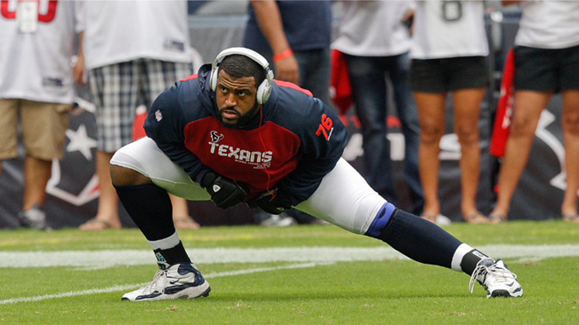 HOUSTON,TX - SEPTEMBER 09: Duane Brown #76 of the Houston Texans warms up prior to playing the Miami Dolphins during their season opener at Reliant Stadium on September 9, 2012 in Houston, Texas. (Photo by Bob Levey/Getty Images)