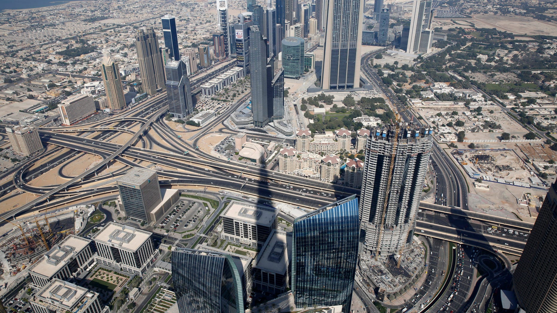 An aerial view of Dubai from Burj Khalifa, the tallest building in the world, in Dubai.