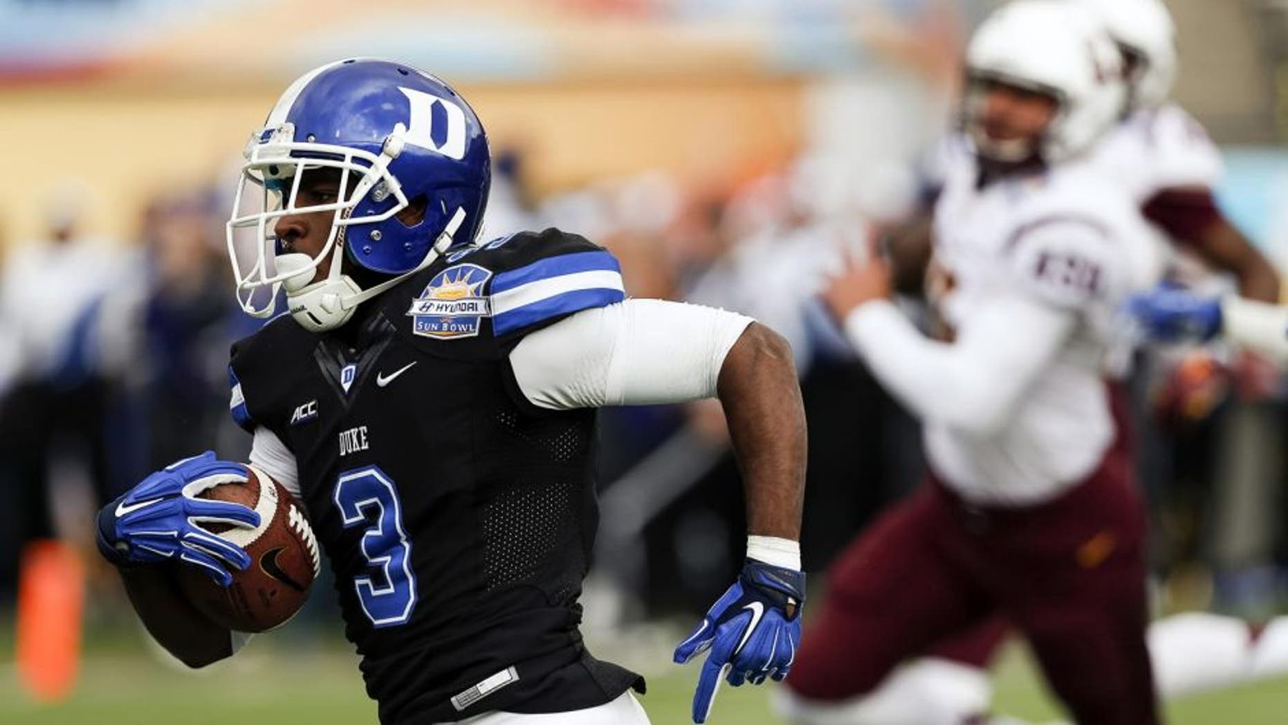 Dec 27, 2014; El Paso, TX, USA; Duke Blue Devils wide receiver Jamison Crowder (3) runs back a punt for a touchdown against the Arizona State Sun Devils in the 2014 Sun Bowl at Sun Bowl Stadium. Mandatory Credit: Ivan Pierre Aguirre-USA TODAY Sports