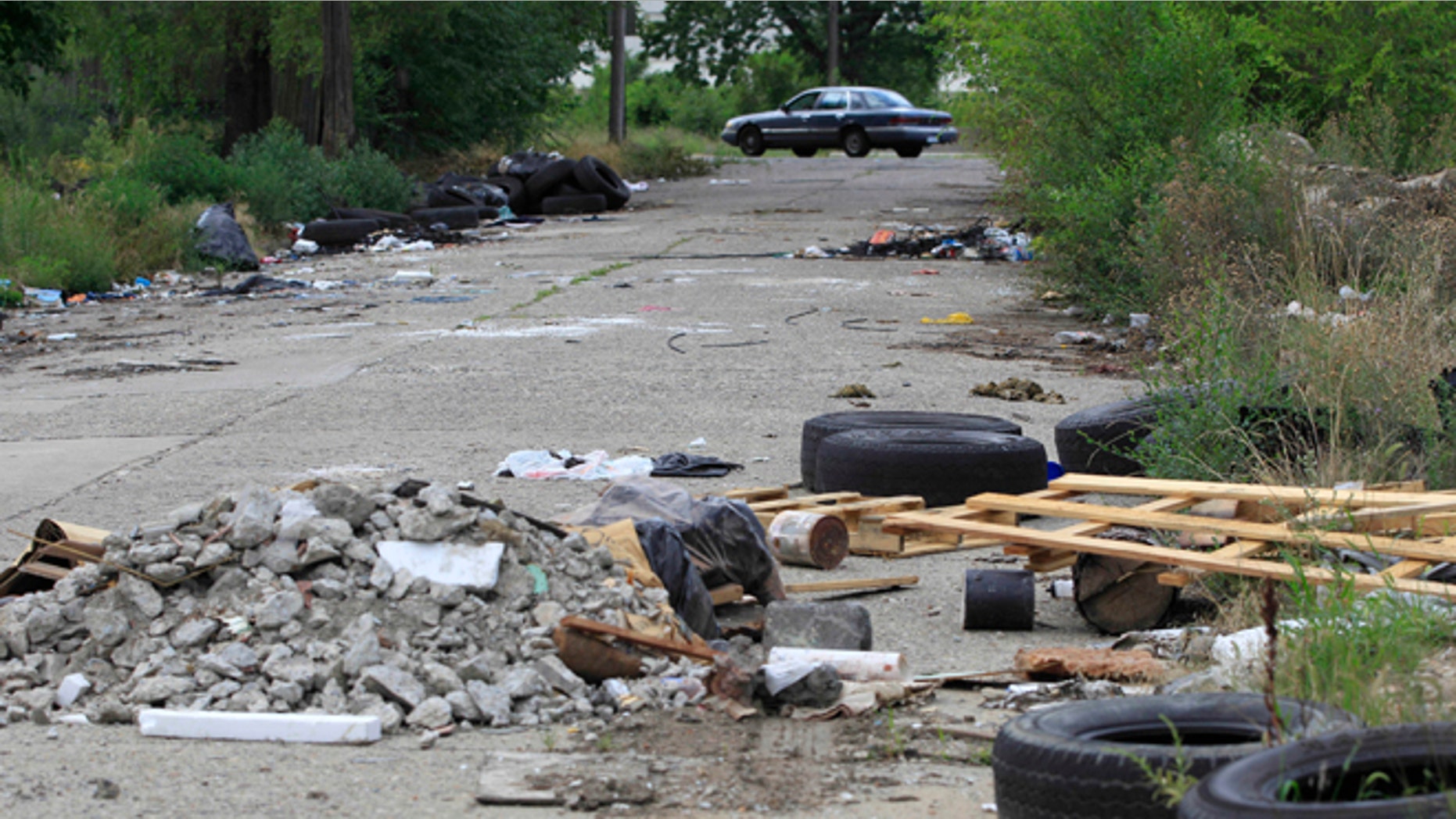 July 31, 2012: A trashed strewn street is seen in east Detroit. Abandoned lots, alleys and neglected parks in Detroit used to be a favorite destination for discarded tires and trash.