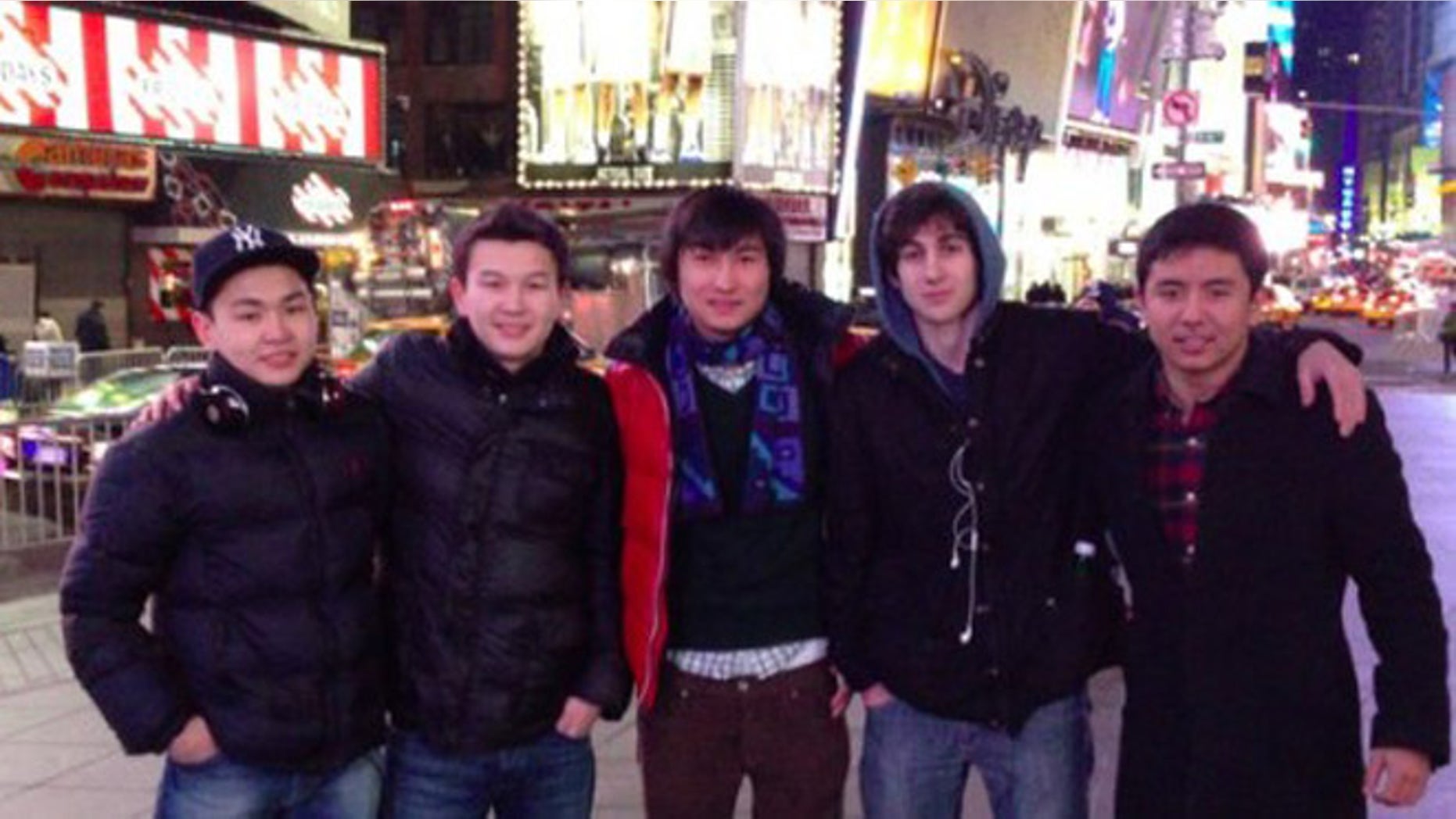 Dzhokhar Tsarnaev and older brother Tamerlan reportedly planned to drive to NYC after their deadly Boston attack to detonate devices in Times Square, which Dzhokhar visited earlier with friends. None of the others pictured here are suspected of being involved in the Tsarnaevs’ plot. Dias Kadyrbayev is standing left of Dzhokhar's right in the blue scarf, and Azamat Tazhayakov is immediately left of Kadyrbayev.